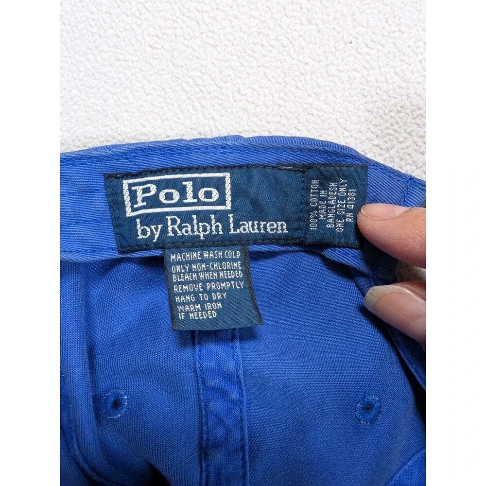 Vintage 90’s POLO Ralph Lauren Blue Yellow Pony Leather Strap Dad Hat Cap Y2K